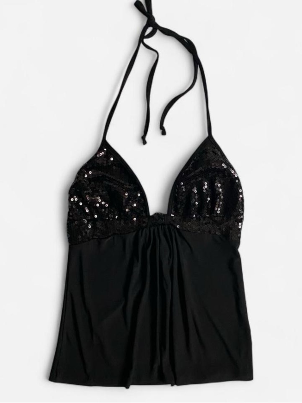 Vintage Y2K slinky black low cut halter top w/sequins